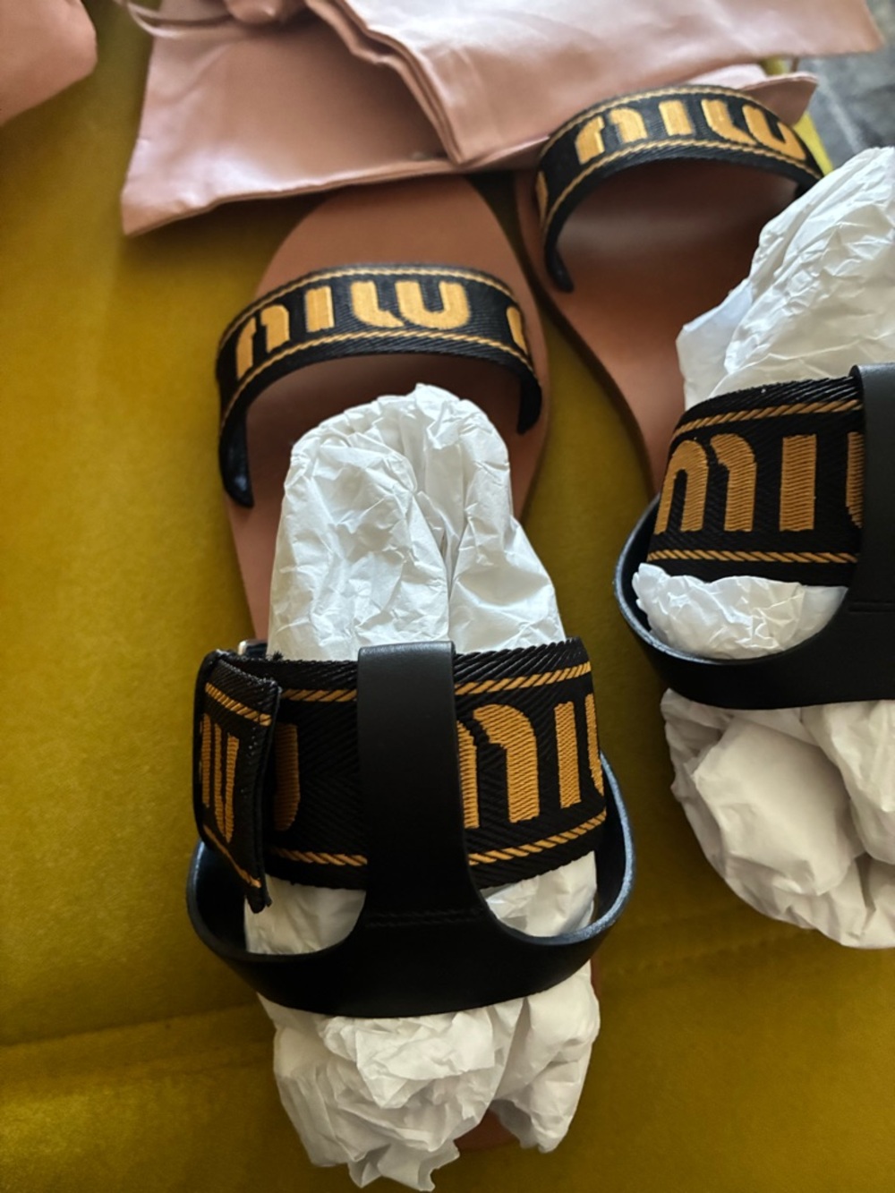 Miu Miu Black and Yellow Logo Webbing Flat Sandals - Picture 6 of 7